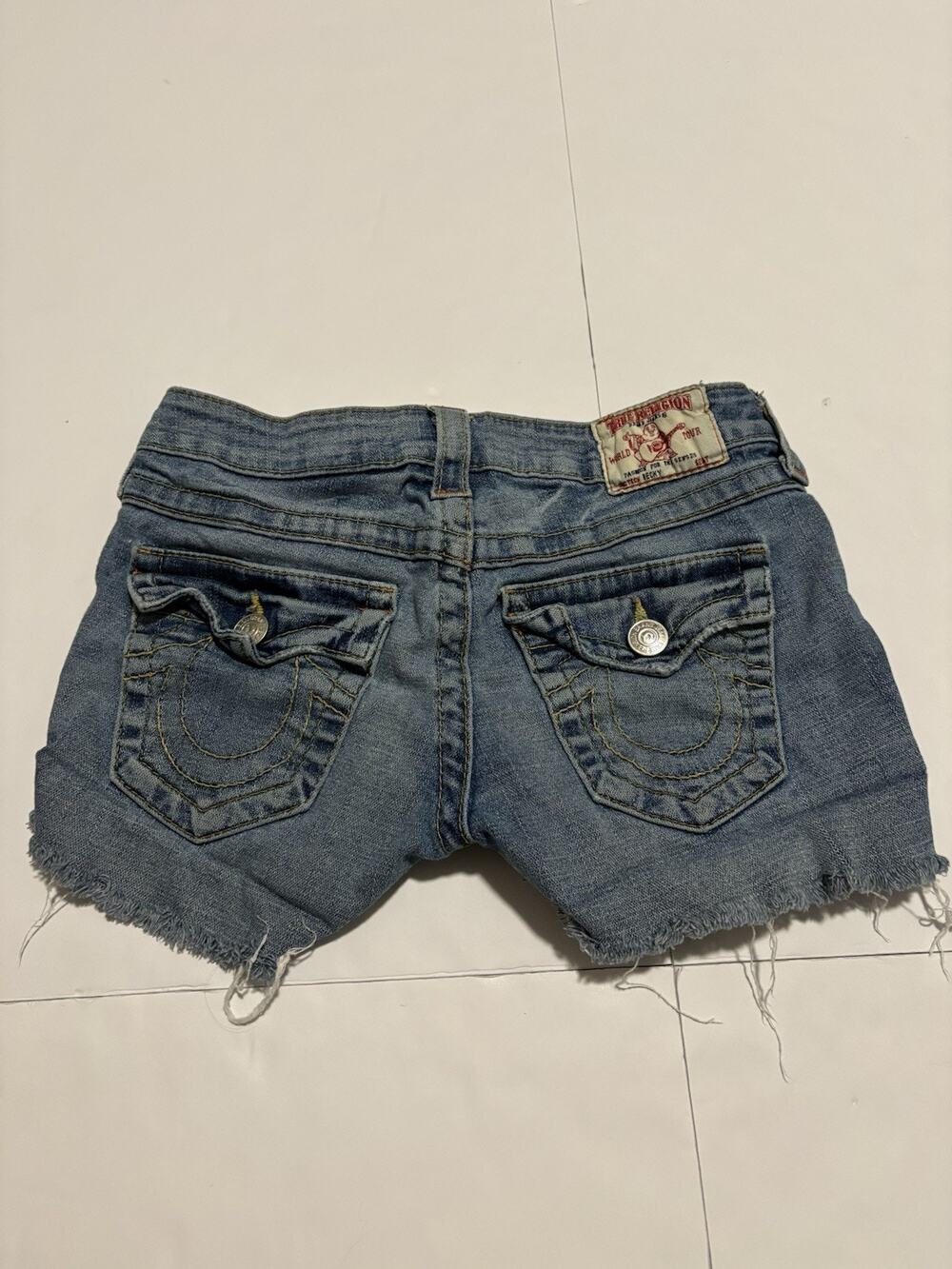 True Religion Becky Shorts Womens 25 Made USA Y2K Denim Cutoff Flap Pocket